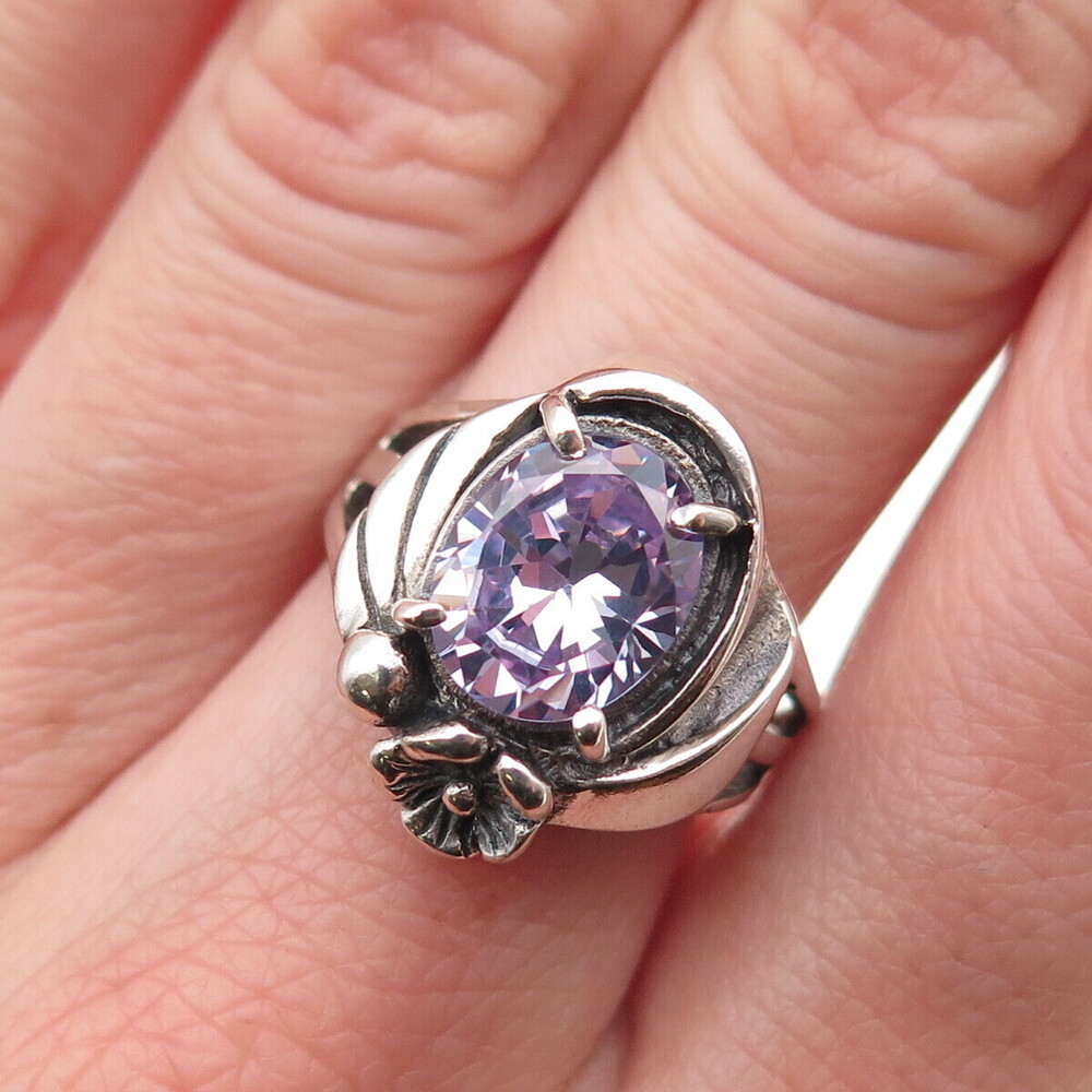 925 Sterling Silver Vintage Lavender C Z Floral Oxidized Ring Size 7